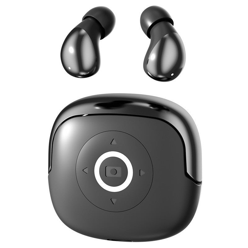 Wireless Gaming Bluetooth Earphones with glossy black plastic earbuds and a rounded charging case featuring a central button.