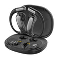 Wireless Gaming Bluetooth Earphones in glossy black plastic, with curved ear hooks and an open charging case featuring a digital display