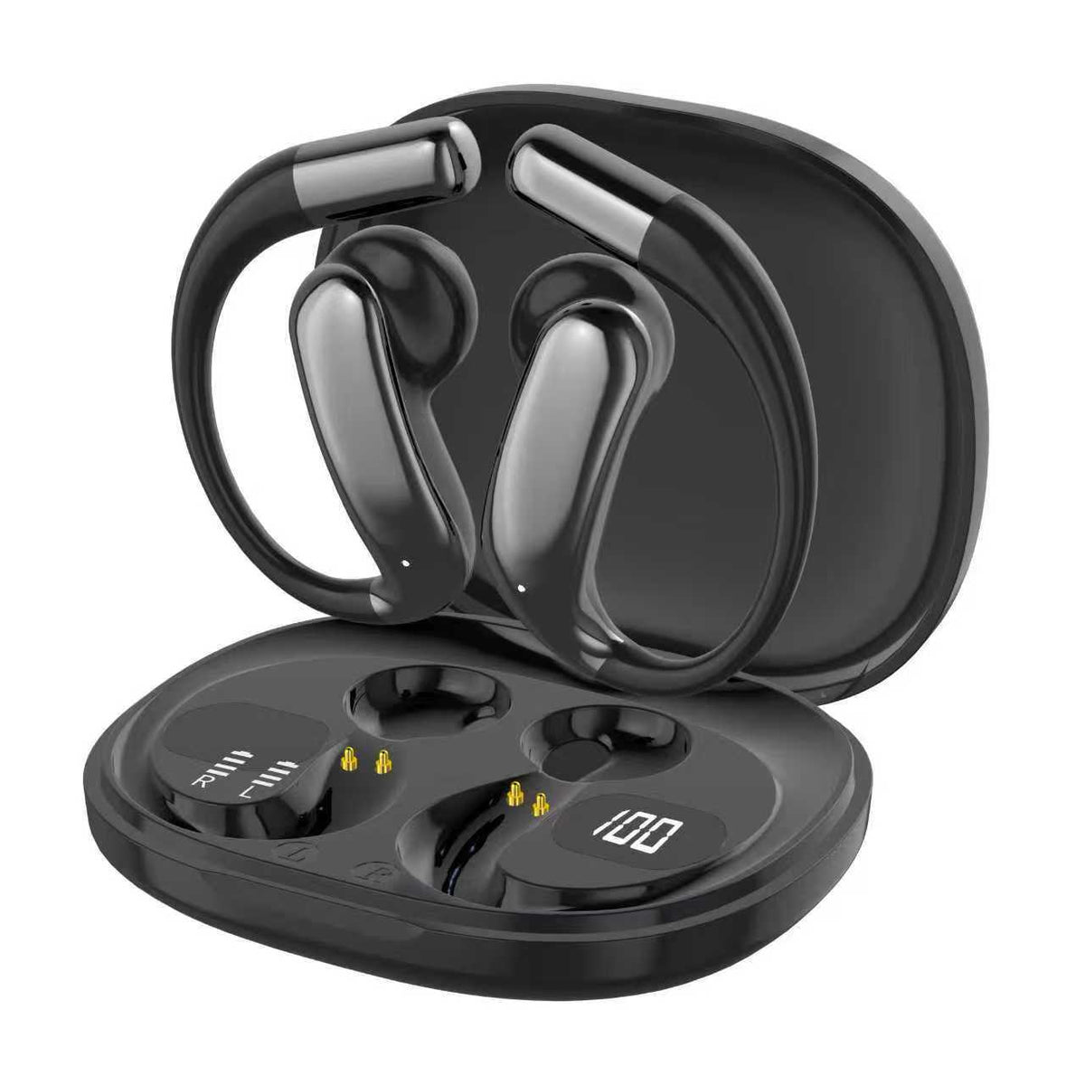 Wireless Gaming Bluetooth Earphones in glossy black plastic, with curved ear hooks and an open charging case featuring a digital display