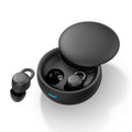 Wireless Gaming Bluetooth Earphones in matte black plastic, with two looped earbuds and a rounded charging case with a digital display