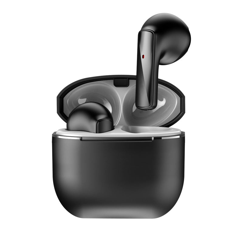 Wireless Gaming Bluetooth Earphones in glossy black plastic, with stemmed earbuds in an open charging case and a silver rim