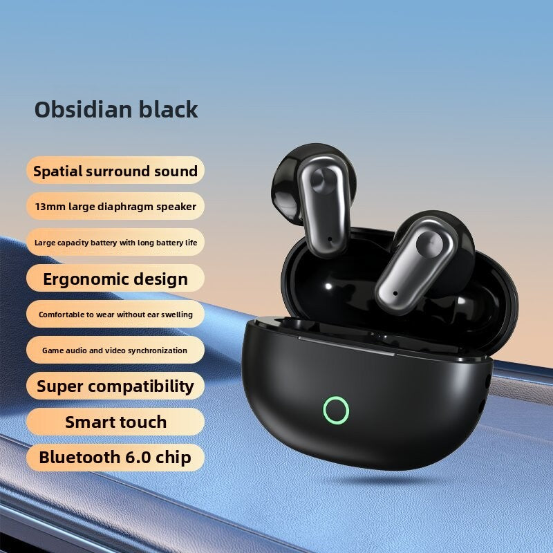 Wireless Gaming Bluetooth Earphones in glossy obsidian black plastic, with matching earbuds, an open charging case and green indicator