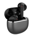 Wireless Gaming Bluetooth Earphones in glossy black plastic, with two stem earbuds in an open rounded charging case featuring a silver trim.
