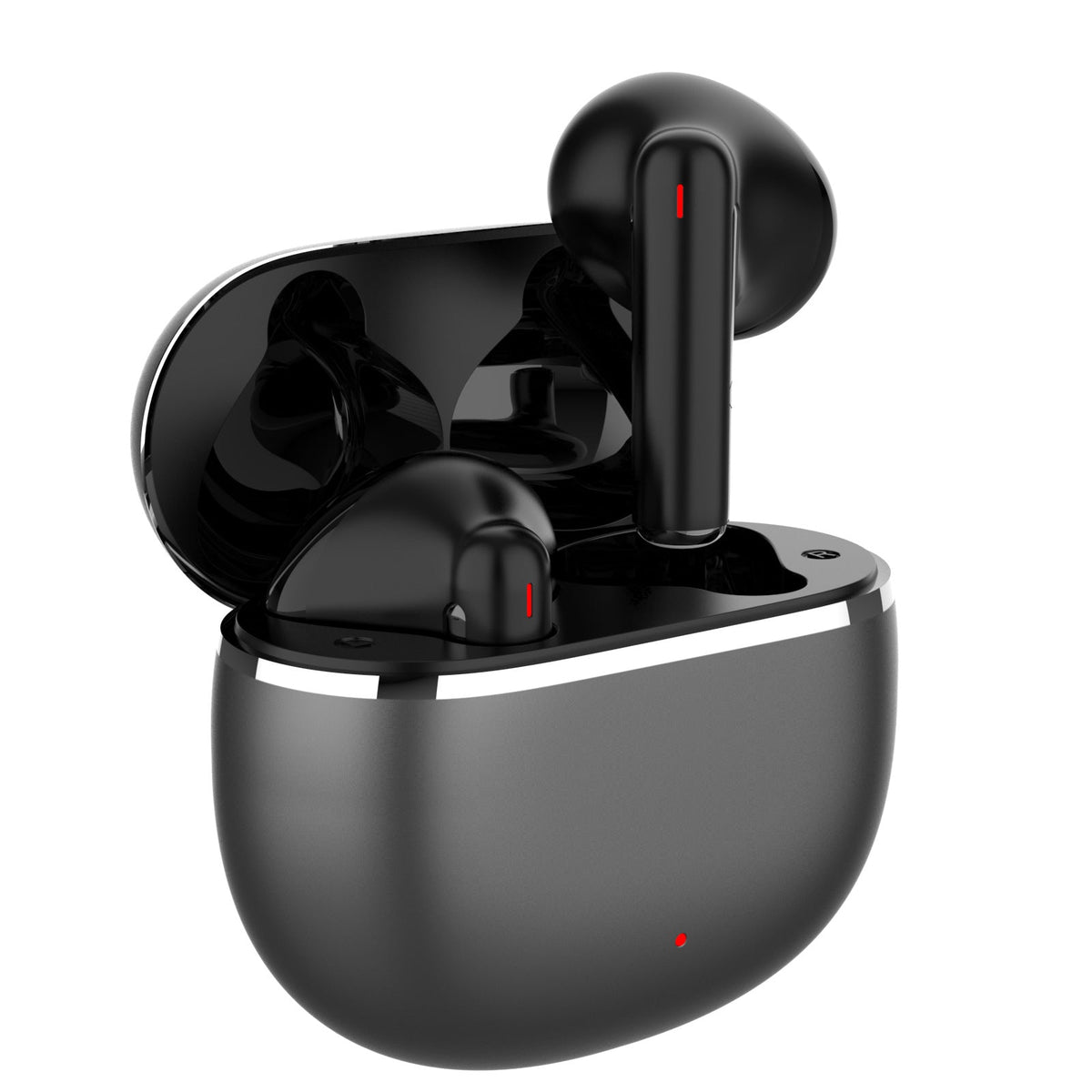 Wireless Gaming Bluetooth Earphones in glossy black plastic, with two stem earbuds in an open rounded charging case featuring a silver trim.