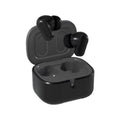 Wireless Gaming Bluetooth Earphones in glossy black plastic, with two stemmed earbuds and a matching open charging case.