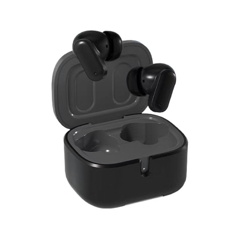 Wireless Gaming Bluetooth Earphones in glossy black plastic, with two stemmed earbuds and a matching open charging case.