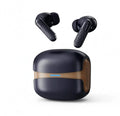 Wireless Gaming Bluetooth Earphones in glossy black with ridged stems and a matching dark charging case with bronze accents