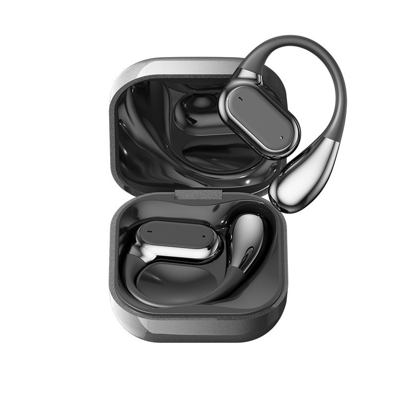 Wireless Gaming Bluetooth Earphones with glossy black and silver plastic finish, open charging case and distinctive over-ear hooks