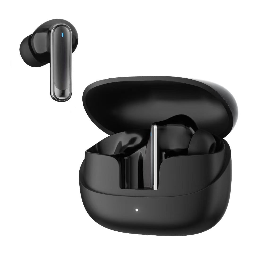 Wireless Gaming Bluetooth Earphones in glossy black plastic, with stemmed earbuds in an open charging case and a small status light.