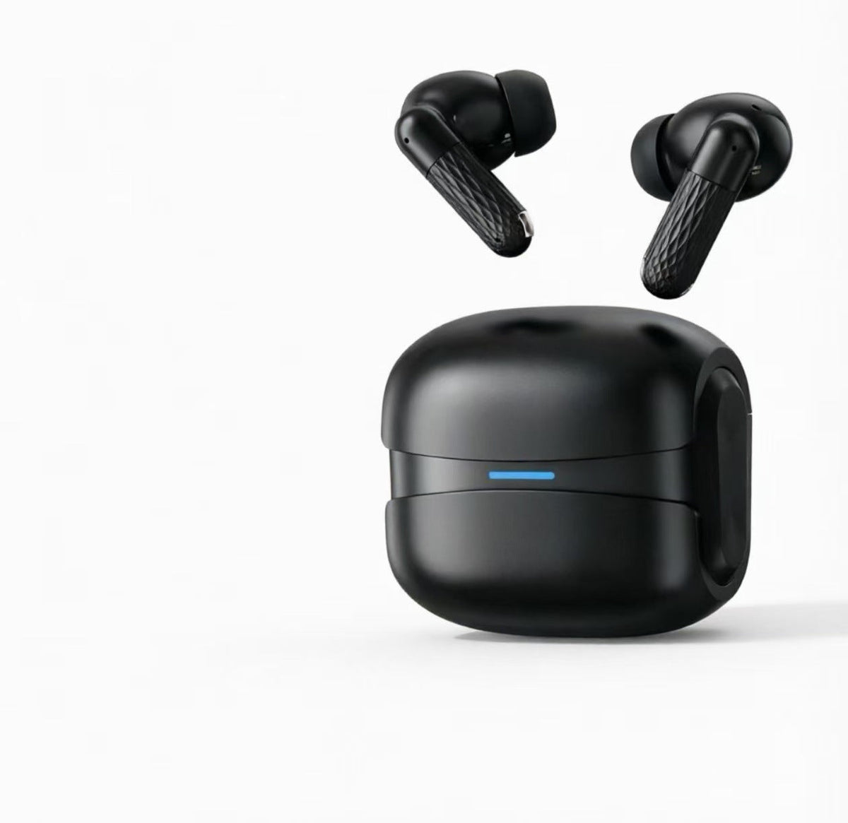 Wireless Gaming Bluetooth Earphones in black plastic, with textured earbud stems and a compact charging case with blue indicator