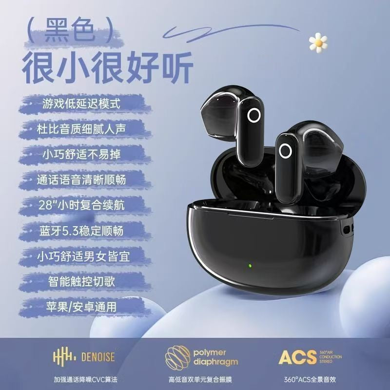 Wireless Gaming Bluetooth Earphones in glossy black plastic with matching charging case, touch controls and green battery indicator
