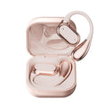 Wireless Gaming Bluetooth Earphones in glossy blush pink plastic, with curved ear hooks and a matching open charging case