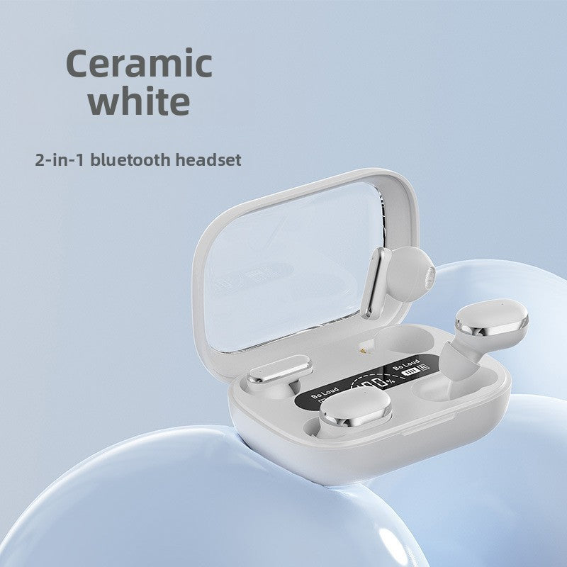 Wireless Gaming Bluetooth Earphones in ceramic white plastic, with two earbuds in an open charging case featuring a digital display