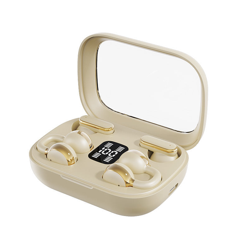 Wireless Gaming Bluetooth Earphones in a champagne-gold plastic charging case, with matching earbuds and a digital battery display.