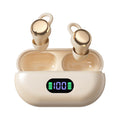 Wireless Gaming Bluetooth Earphones in champagne gold plastic with matching charging case and a digital battery display
