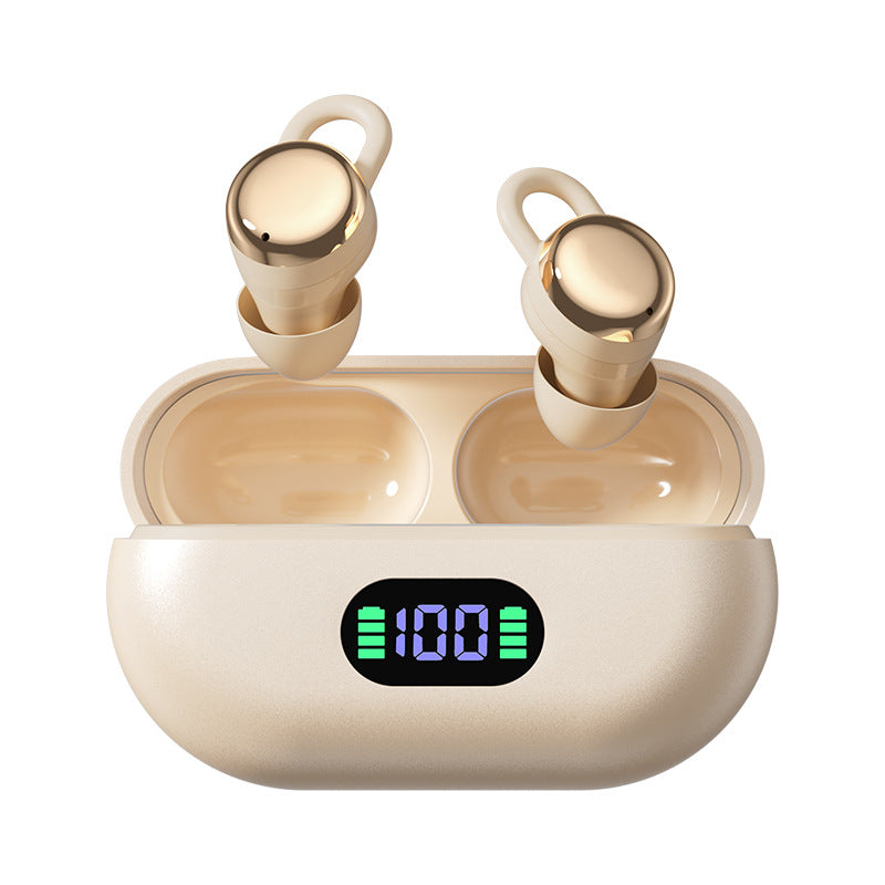 Wireless Gaming Bluetooth Earphones in champagne gold plastic with matching charging case and a digital battery display