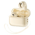 Wireless Gaming Bluetooth Earphones in cream plastic, with two stemmed earbuds, matching open charging case and wrist strap.