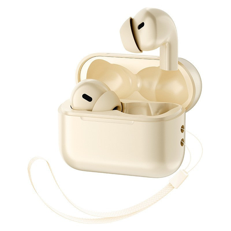 Wireless Gaming Bluetooth Earphones in cream plastic, with two stemmed earbuds, matching open charging case and wrist strap.