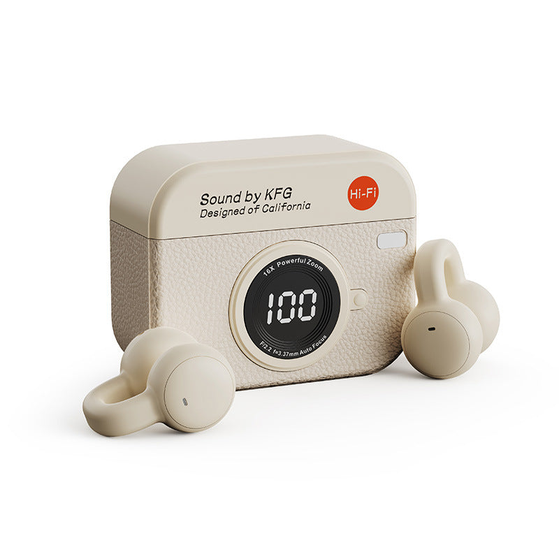 Wireless Gaming Bluetooth Earphones in cream plastic with matching textured battery case, circular digital display and curved earbuds