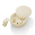Wireless Gaming Bluetooth Earphones in cream plastic with smooth rounded earbuds, silicone tips, and an open matching charging case