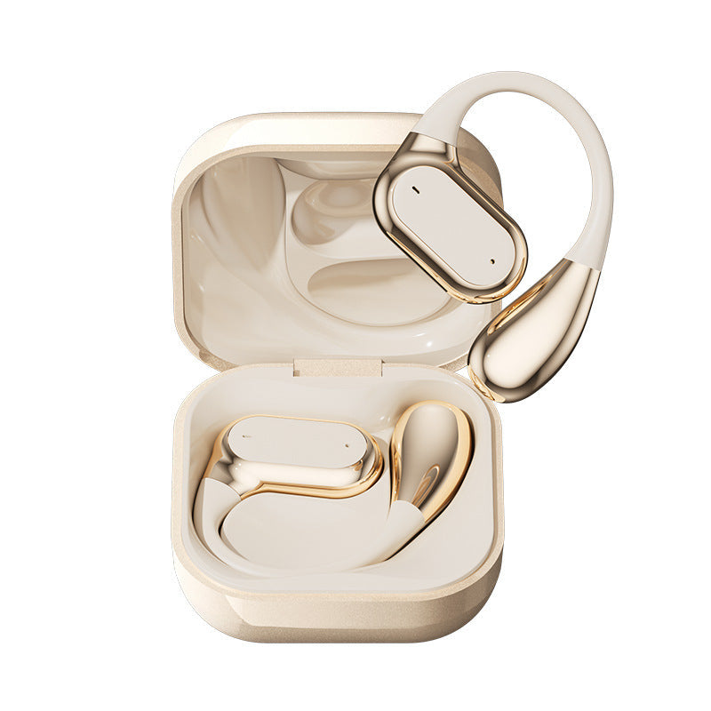 Wireless Gaming Bluetooth Earphones in cream and gold plastic, with open charging case and distinctive looped ear hooks.