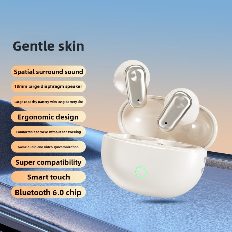 Wireless Gaming Bluetooth Earphones are cream-white plastic earbuds in a matching open charging case with a green indicator ring.