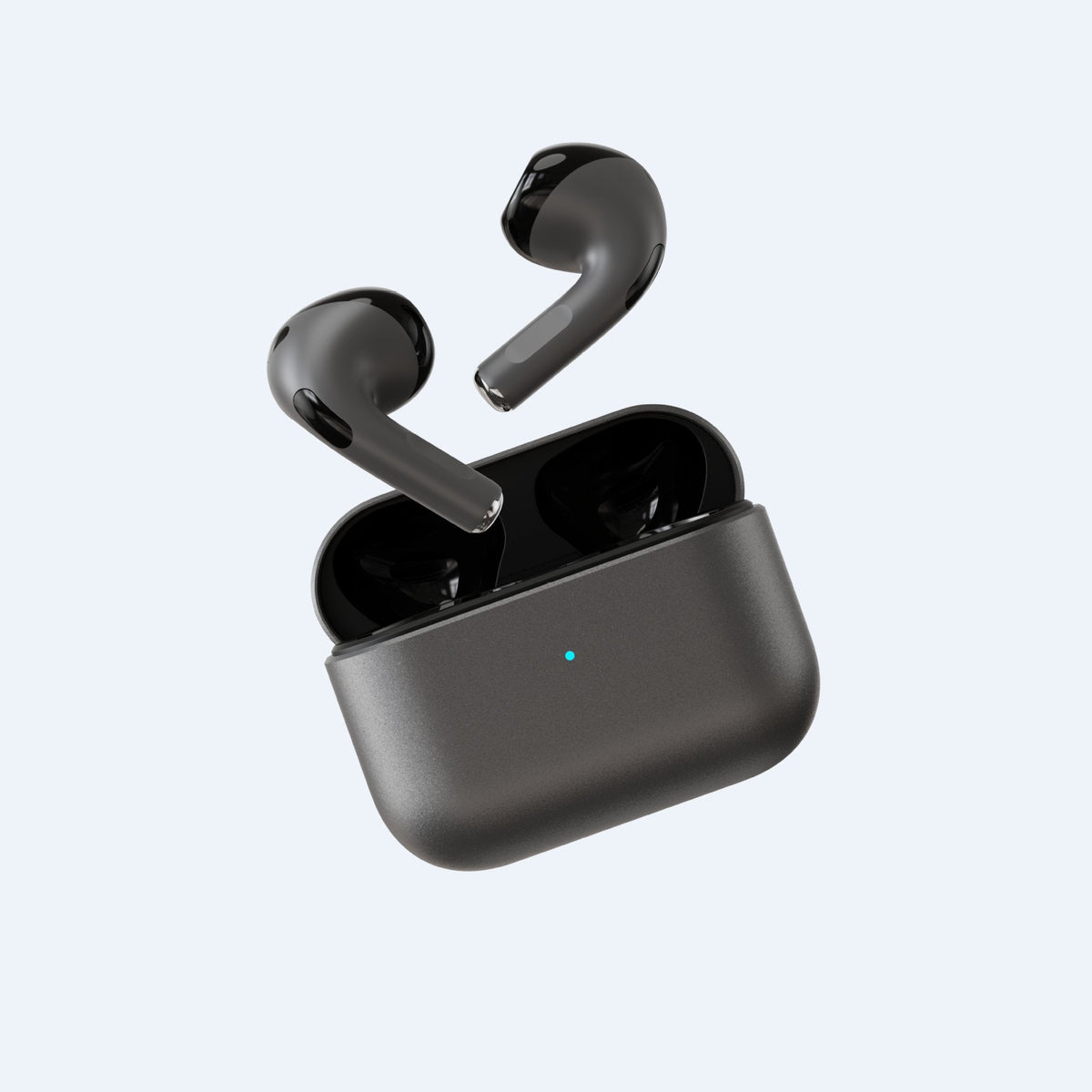 Wireless Gaming Bluetooth Earphones in dark gray plastic, with two black stem-style earbuds and a matching charging case featuring a blue indicator