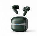 Wireless Gaming Bluetooth Earphones in dark green plastic, with ridged stems and a matching charging case featuring a blue indicator bar