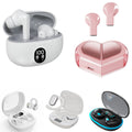 Wireless Gaming Bluetooth Earphones with glossy white and pink plastic earbuds, digital display cases and heart-shaped design.