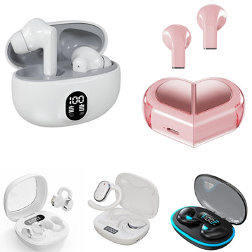 Wireless Gaming Bluetooth Earphones with glossy white and pink plastic earbuds, digital display cases and heart-shaped design.