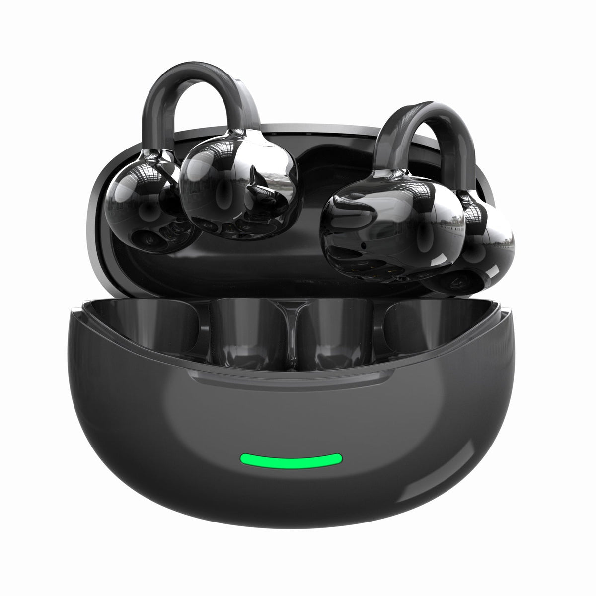 Wireless Gaming Bluetooth Earphones in glossy black plastic with matching open charging case and bright green indicator strip