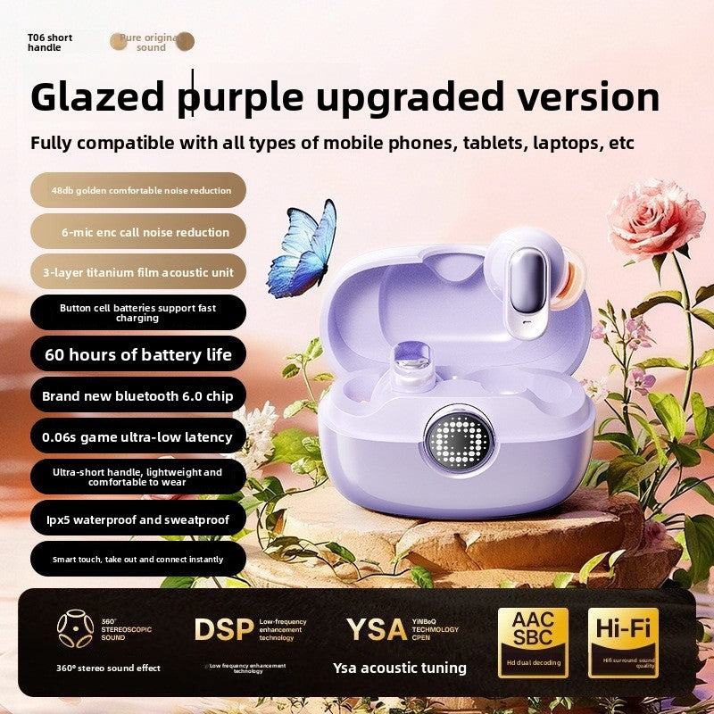 Wireless Gaming Bluetooth Earphones in glossy lavender plastic, with matching charging case and a circular digital battery display