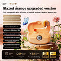 Wireless Gaming Bluetooth Earphones in glossy orange plastic, with matching charging case and circular digital display