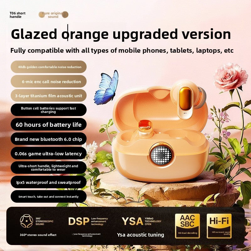 Wireless Gaming Bluetooth Earphones in glossy orange plastic, with matching charging case and circular digital display