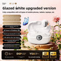 Wireless Gaming Bluetooth Earphones in glossy white plastic with matching charging case, open lid, and circular digital display