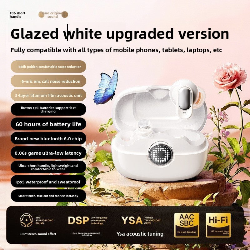 Wireless Gaming Bluetooth Earphones in glossy white plastic with matching charging case, open lid, and circular digital display