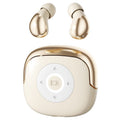 Wireless Gaming Bluetooth Earphones in glossy champagne gold plastic, with rounded in-ear buds and matching charging case featuring a circular control panel