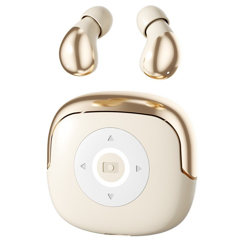 Wireless Gaming Bluetooth Earphones in glossy champagne gold plastic, with rounded in-ear buds and matching charging case featuring a circular control panel