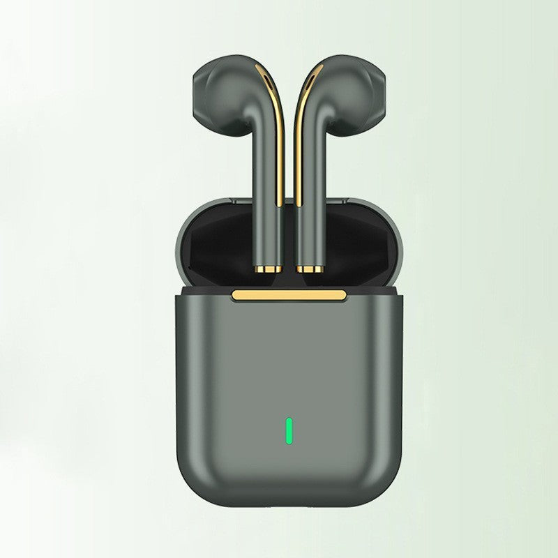 Wireless Gaming Bluetooth Earphones in a dark gray plastic case, with matching stem earbuds and gold accent details.