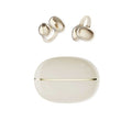 Wireless Gaming Bluetooth Earphones with a glossy ivory plastic charging case and two matching earbuds with curved ear hooks