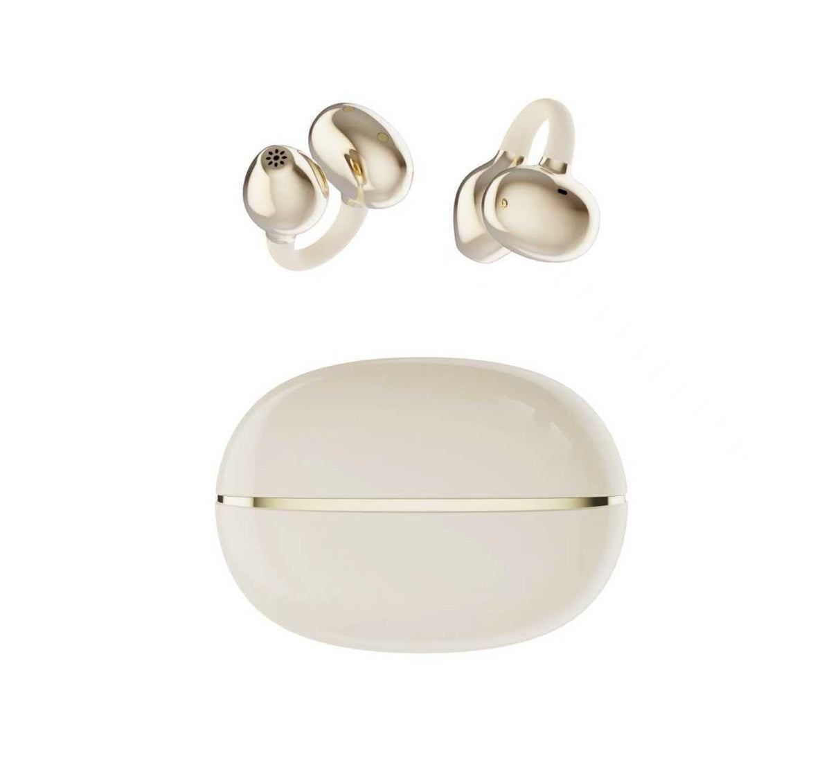 Wireless Gaming Bluetooth Earphones with a glossy ivory plastic charging case and two matching earbuds with curved ear hooks