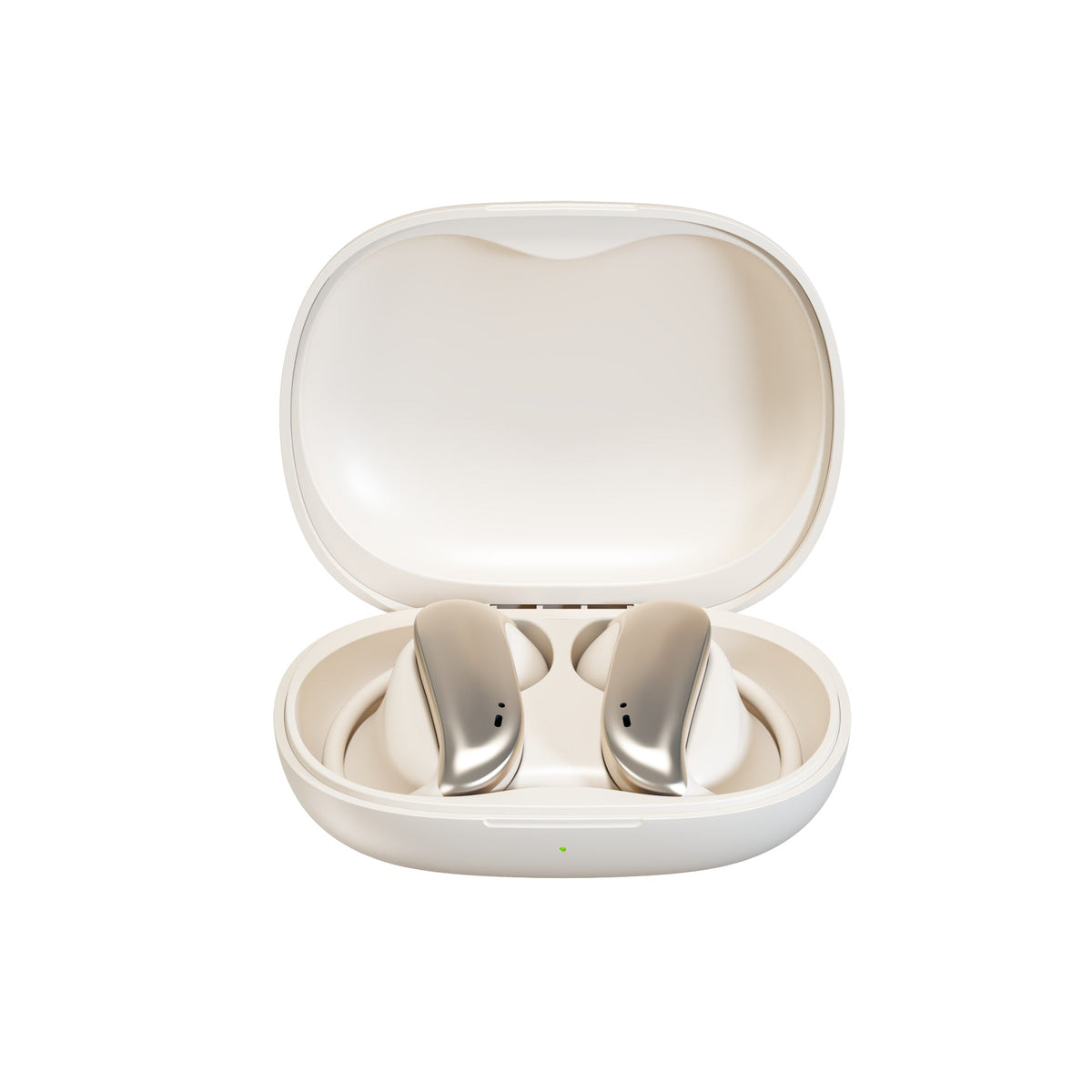 Wireless Gaming Bluetooth Earphones in a glossy ivory finish, with two compact earbuds seated in an open matching charging case