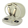 Wireless Gaming Bluetooth Earphones in a pale ivory finish, with gold accents, curved ear hooks and a digital display charging case