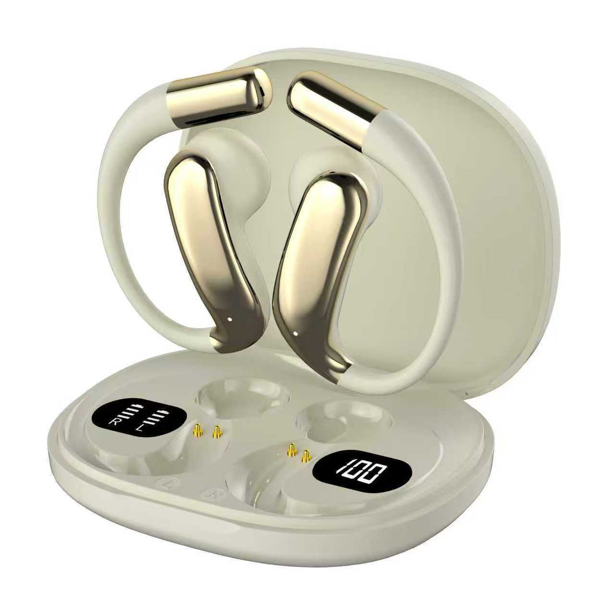 Wireless Gaming Bluetooth Earphones in a pale ivory finish, with gold accents, curved ear hooks and a digital display charging case