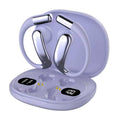 Wireless Gaming Bluetooth Earphones in a lavender plastic charging case, with silver-accented earbuds and digital battery displays
