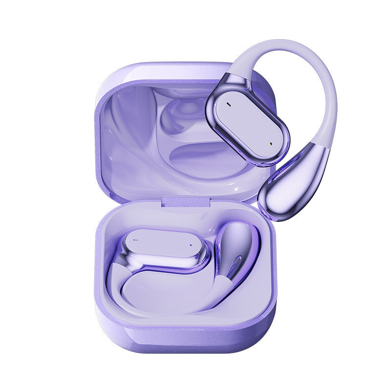 Wireless Gaming Bluetooth Earphones with lavender plastic finish, open charging case, and compact earbuds with curved ear hooks