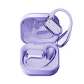Wireless Gaming Bluetooth Earphones in glossy lavender plastic, with an open matching charging case and distinctive ear-hook buds