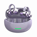 Wireless Gaming Bluetooth Earphones in glossy lavender plastic, with translucent patterned earbuds, looped hooks and matching charging case