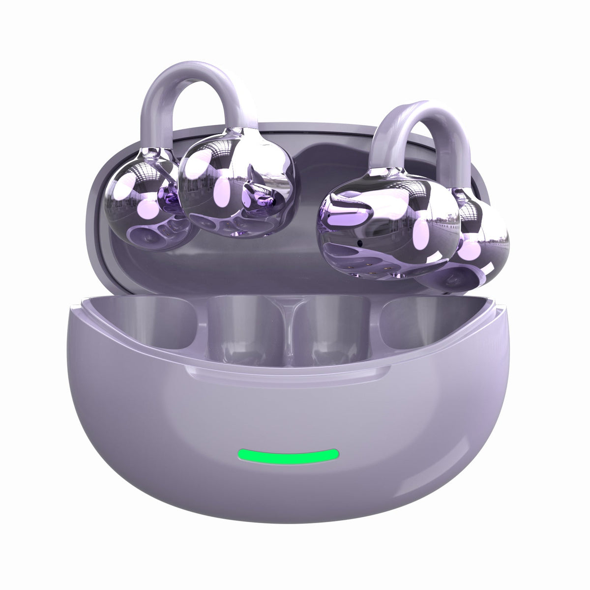 Wireless Gaming Bluetooth Earphones in glossy lavender plastic, with translucent patterned earbuds, looped hooks and matching charging case