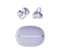 Wireless Gaming Bluetooth Earphones in pale lavender plastic, with two looped earbuds and a matching oval charging case